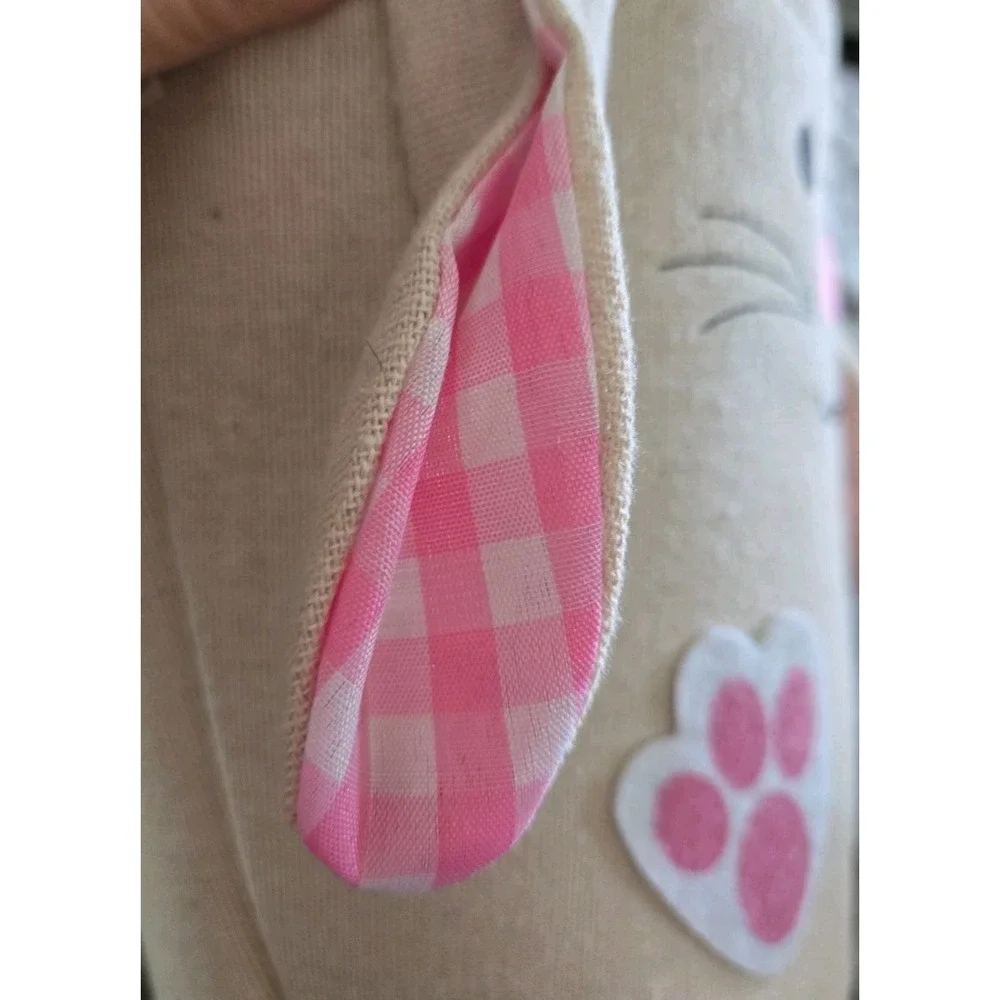 Easter Bunny Basket Burlap Canvas Tote Bag Pink‎ Gingham Lining Floppy Ears NWT